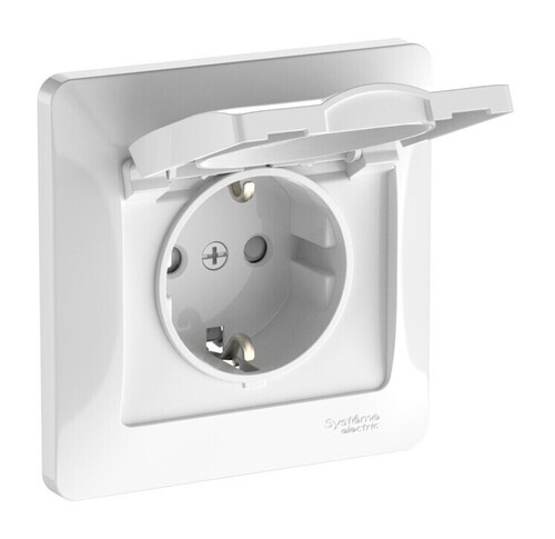 Systeme Electric Glossa Белый Розетка с зазем. со шторк. с крышк., 16А, IP20, в сборе, быстрозажим. клем.